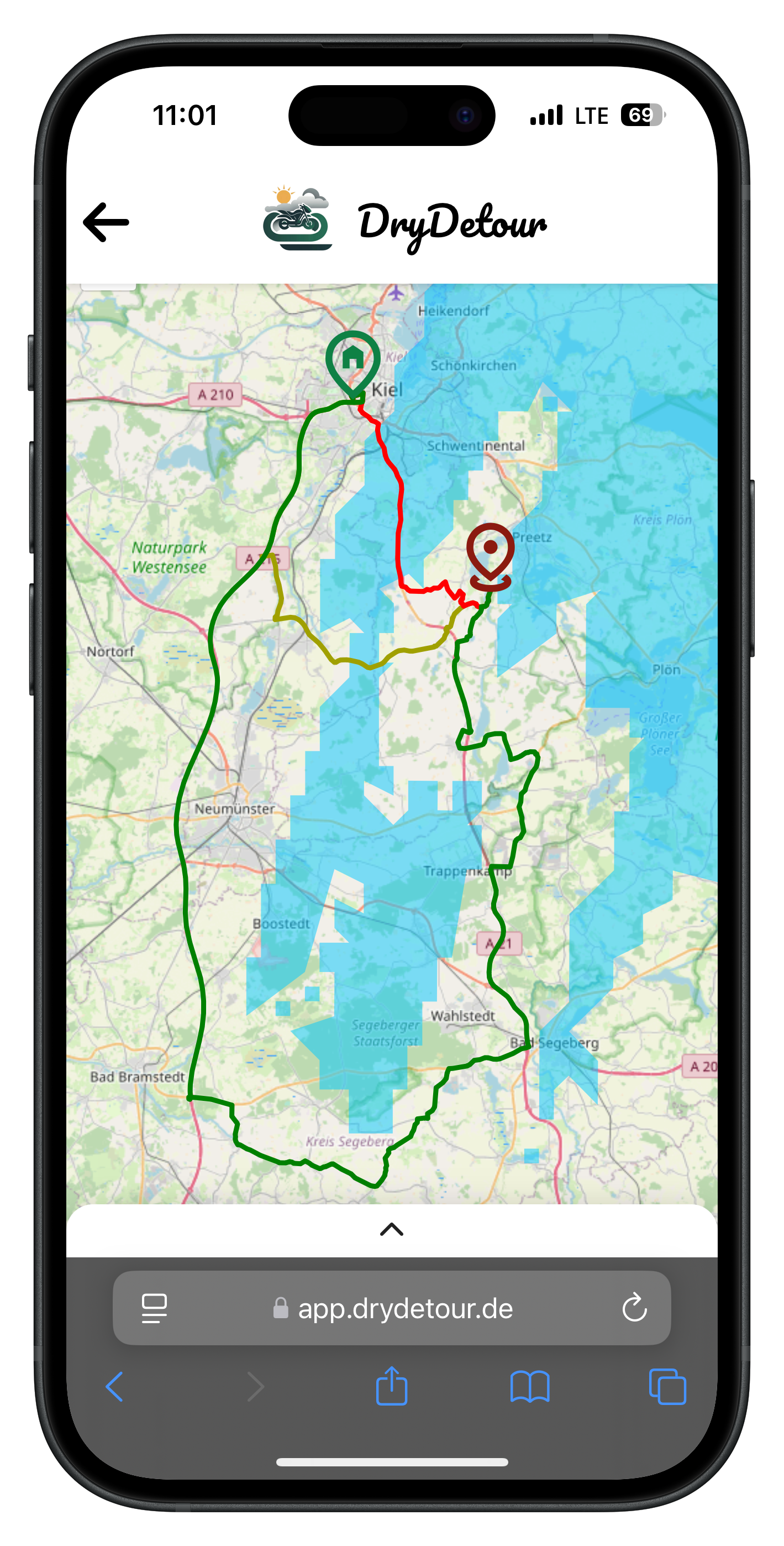 DryDetour app interface showing a weather-based route map