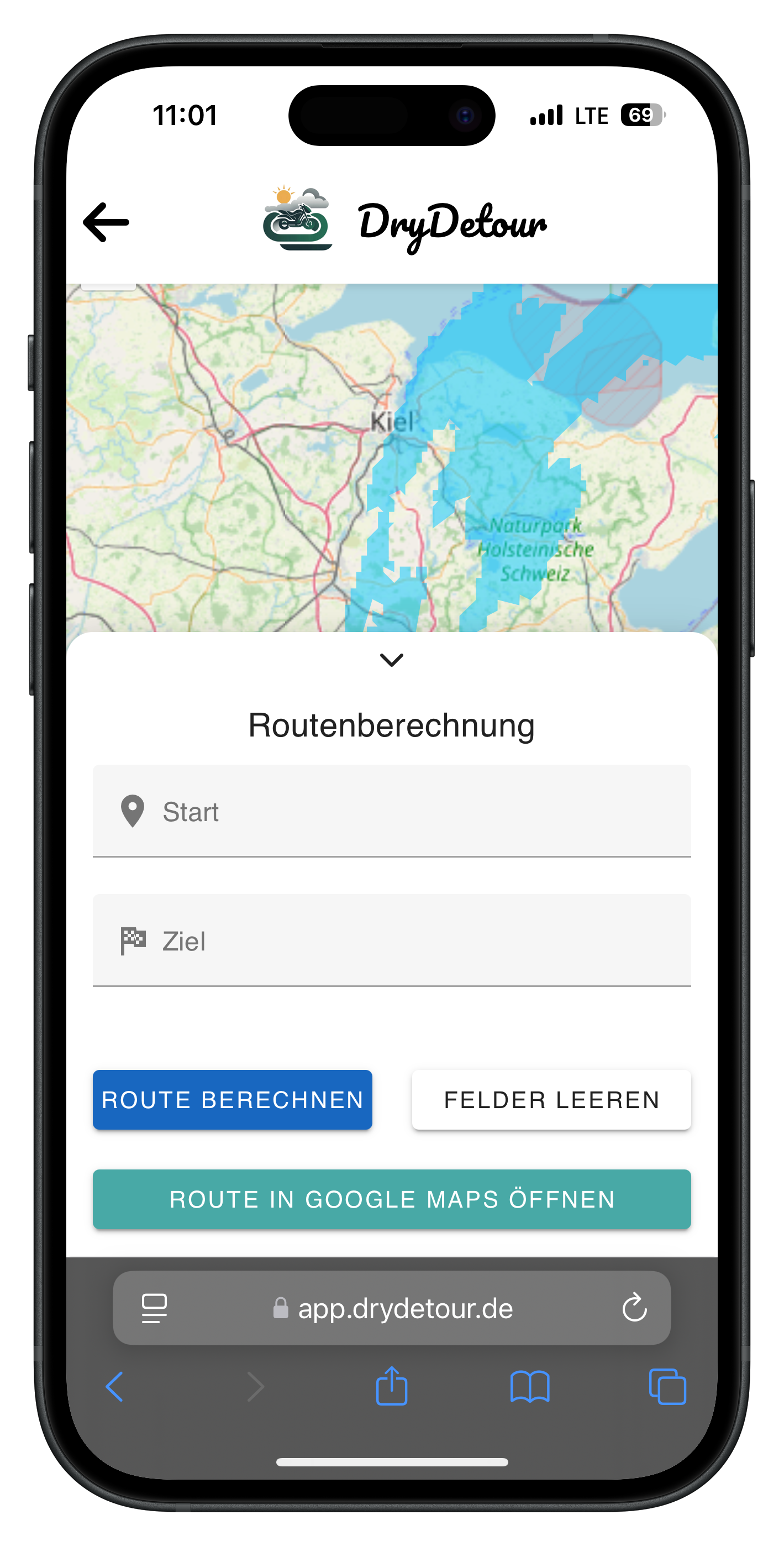 DryDetour app interface showing a weather-based route map
